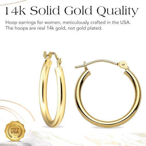 MAZZERI Solid Gold Hoop Earrings 14k Real Gold For Women and Men - Hypoallergenic, Made in the USA, Available in Yellow or White Gold2