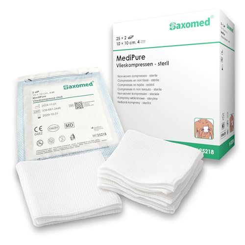 Saxomed Sterile Kompressen 10x10 cm - 50 Stück Wundkompressen - steriler Wundverband Wundauflage nicht haftend-Vlieskompressen Ideal für Erste Hilfe & Pflege