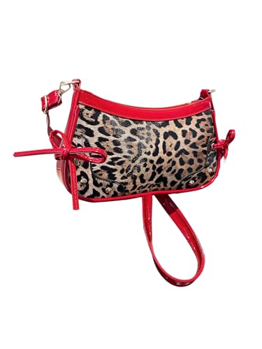 Women's Y2K Leopard Bowknot Crossbody Bags Studded Zipper Adjustable Strap Shoulder Handbags Purse