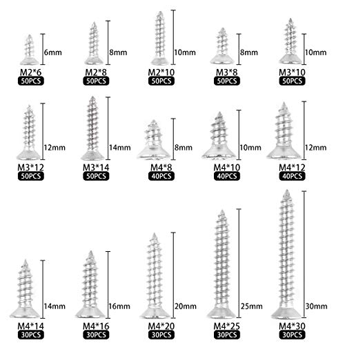 Loscrew 620 Stück Kreuzschlitz-Blechschrauben-Kit M2, M3, M4, 15 Größen von 304-Edelstahl-Senkkopfschrauben, für… – Bild 3