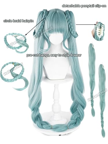 Image of Half and Half Long Curly Green Ponytail Braid Anime Wig with Bangs 37.5'' Light Teal Twin Tail Pigtails Wigs Virtual Singer Costume Wigs for Women Halloween Party Daily