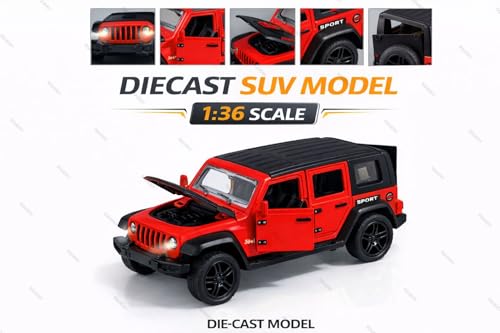 Image of 1:36 Scale Rubicon Car Model - Die-Cast Metal Pull Back SUV with Openable Doors, Lights & Music - Alloy Off-Road Toy Vehicle for Kids, Boys & Collectors (Red)