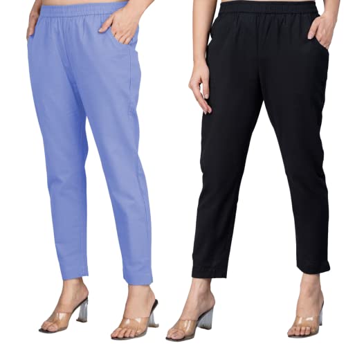 Image of Regular Fit Fully Elastic Waist Ankle Length Premium Cotton Casual Trouser Pant (Combo Pack of 2)