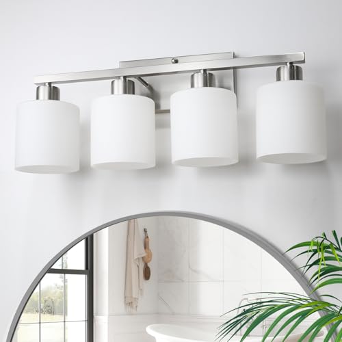 Image of CANMEIJIA 4-Light Bathroom Vanity Light Brushed Nickel E26 Glass Sconce | Modern Dimmable Milky White Shades with Waterproof Rust-resistant Finish for Mirror Restroom, Easy Installation