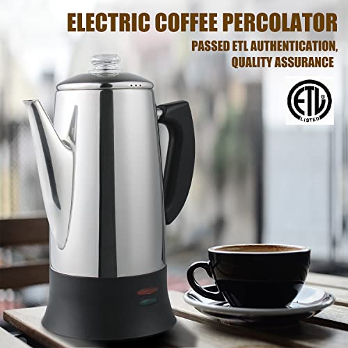 Apoxcon Electric Coffee Percolator With Etl Approval, Stainless Steel Coffee Maker 1000 Watt With Simple Glass Knob Top Cord-Less Sever Portable Percolator Coffee Pot For Quick Brew (12 Cup) #TOP5