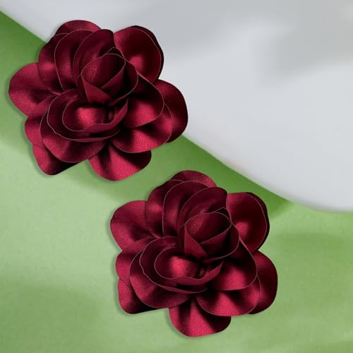 Image of 2Pcs 5in Dainty Satin Fabric Flower Brooch Extra Large Rose Camellia Flower Brooches Lapel Pins for Women Wedding Party Dance Banquet Clothes Jewelry Accessories