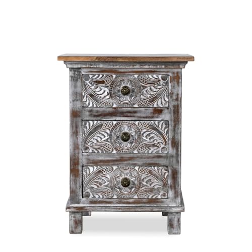 Image of Wooden Bedside Table for Bedroom | Solid Wood Seri Bedside Table with Drawers | Corner Side Table for Living Room | Traditional Handcrafted Furniture for Home Decor (Dark Grey Distress)