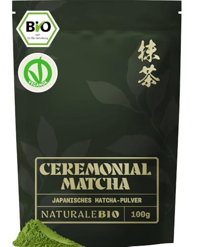 NaturaleBio Matcha Ceremonial Grade 100g. Original Matcha Pulver Bio aus Japan. Grüner Tee, Zeremonie-Qualität. Ideal zum Trinken, Kochen und als Kaffee Latte Zugabe