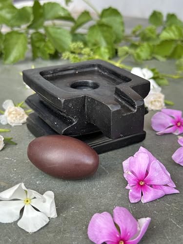 Image of 1.5 inch Original Narmadeshwar Narmada Shivling with 3 inch Narmada Stone Yoni Base Jaladhari (Swayambhu Shivling, Black Square Jaladhari)