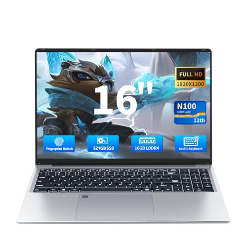 16' Ordenador Portátil Celeron N100 CPU,Portátil 16GB RAM 512GB SSD, 1920 x 1200P, Laptop Win11, PC Portatil Teclado Retroiluminado,Desbloqueo Huellas Dactilares,Webcam, Wi-Fi 5, BT5.0, USB 3.0*2