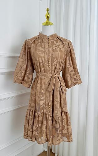 LAI MENG FIVE CATS Women's Lace Floral Puff Sleeve Ruffle Hem Stand Collar Button Loose Mini Dress2