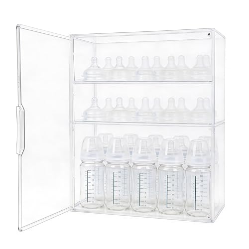 Penitue Baby Bottle Organizer 3-Tier Clear Acrylic Storage Box with 2 Removable Dividers & Magnetic Door Large Capacity Bottle Drying Rack & Feeding Accessories Holder for Countertop Cabinet