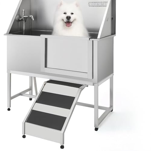 Professional 38" Stainless Steel Pet Dog Bathing Station With Stairs, Height Adjustable Grooming Tub for Large, Medium & Small Dogs, Home Washing Sink With Soap Box, Faucet, and Accessories