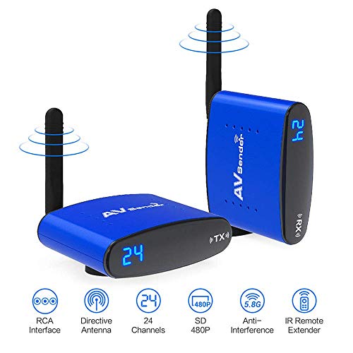 Wireless RCA Extender with IR Pass-Back Support 480p SD Can Transmit Up to 200m 656ft (Line of Sight), WiFi 5.8GHz 24 Channels AV Transmitter and Receiver for Satellite DVD to TV Home Use