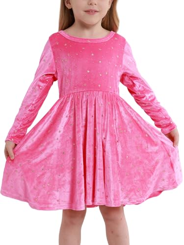 Toddler Fall Velvet Dress Girls Gold Foil Star & Neck Bow Holiday Casual Princesses Party Dress with Pocket 2-7T