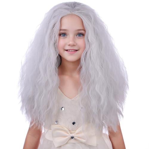 PATTNIUM Long Curly Wavy Gray Wig for Kids Child Old Lady Wig Silver Grey Grandma Wigs Halloween Costume Cosplay Wigs