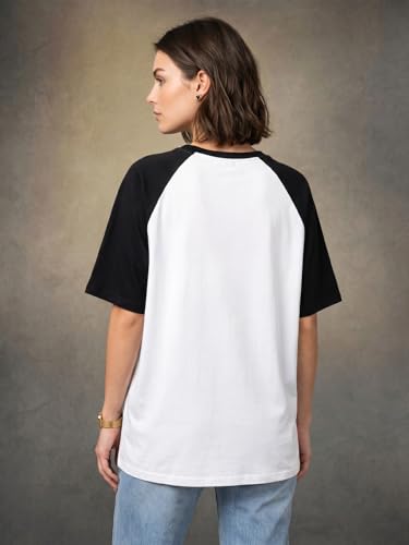 Image of JUNEBERRY Round Neck Drop Shoulder Round Neck Black & White Graphic Printed Pure Cotton Oversized Baggy Fit Half Sleeve T-Shirt for Women & Girls (Sizes: S to 2XL)