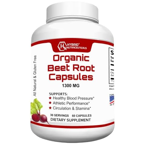 Hybrid Nutraceuticals Organic Beet Root Capsules 1300mg - Natural Nitric Oxide Supplement Booster, Supports Blood Pressure, Circulation, Heart Health, Athletic Performance - 60 Capsules Cover