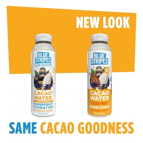 Image of Blue Stripes Cacao Water - Cold Pressed Superfruit Hydration with Electrolytes & Antioxidants, No Sugar Added, All Natural, Great for Protein Shakes & Smoothies - Just Cacao, 24 Pack