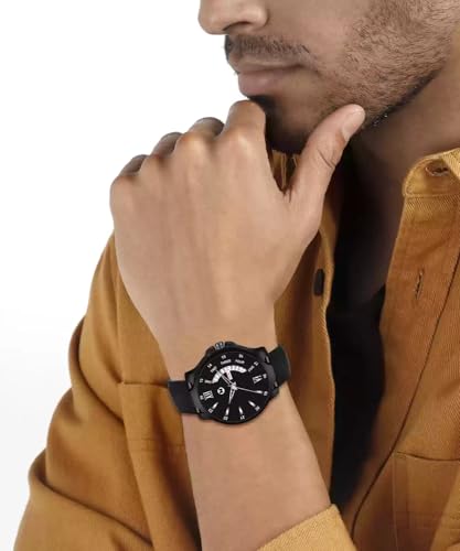 Image of Analog Day and Date Black Dial with Black Silicon Leather Strap for Men's
