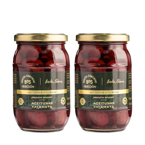 Aceitunas Kalamata - 2 x 370g - Aliñadas con Ajo, Pimiento, Tomillo y Vinagre - BOS Selección by Bertín Osborne - Sabor Único y Mediterráneo