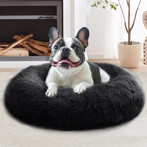 Image of JOLLYVOGUE Calming Dog Bed Medium Size Dog, 31in Donut Washable Medium Pet Bed, Anti-Slip & Anti-Anxiety Fluffy Faux Fur Round Dogs Bed, Fits up to 45 lbs Pets (Black)