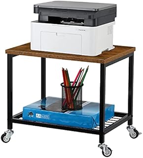 Printer Stand with Wood Storage Shelf, 2 Tier Under Desk Printer Cart with Swivel Wheels, Multifunctional Desktop Fax Stand Organizer with Metal Shelf, Mobile Rolling Cart for Home Office, Brown