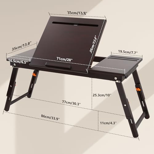 nnewvante laptop bed desk bamboo lap table with tablet slot height amp angle adjustable computer lap desk with drawer breakfast serving tray for bed floor black walnut