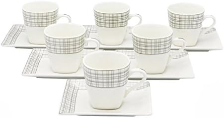 Porcelain Bone China Espresso Turkish Coffee Set of 6 Demitasse Cups + Saucers (Linen Weave)