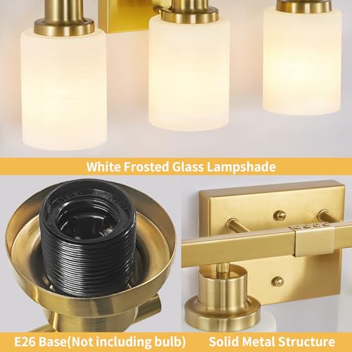 Image of 6 Light Gold Bathroom Vanity Light Bathroom Light Fixture 36.8in | White Frosted Ribbed Glass Shade Modern Brushed Gold Vanity Lighting Fixtures over Mirror Gold Sconces E26 Base