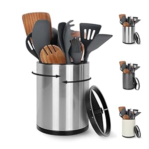 360° Rotating Kitchen Utensil Holder – Extra Large Stainless Steel Cooking Utensil Holder for Countertop, 3 Compartment Flatware Organizer & Cooking Caddy with Removable Base（Silvery）