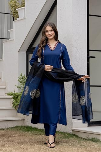 Image of MEERA FAB Women Floral Printed Pure Cotton Straight V-Neck Kurta with Palazzos & Dupatta