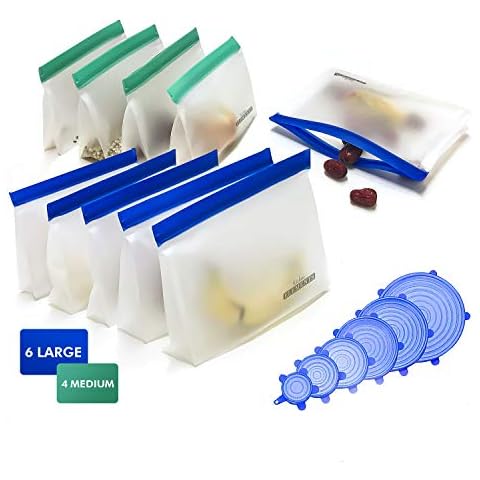 Kitchen Elements [10 Set] Premium Reusable Food Storage Bags | [6 Large + 4 Medium + Free Set of Silicone Stretch Lids] | Freezer Safe | Airtight & Leak-Proof | for Sandwiches, Snacks & More Cover