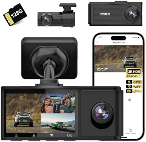 PAPAGO G360 Dash Cam, 3 Channel WiFi Built-in GPS Dashcam, STARVIS IR Night Vision, 2K+1080P+1080P Front Inside and Rear Triple Car Camera, Loop Recording, 128GB Card Include, Parking Monitor (G360US)