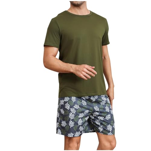 Sinzelimin Men Pajamas Set Home Casual Outfits Fashion Solid Color Short Sleeves T-Shirts Tops and Floral Shorts 2 Piece Suit