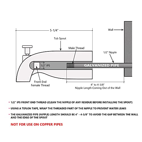 Tub Spout With Front Diverter, 1/2 Inch Ips Female Front End Thread, 5-1/4 Inch Overall Length, For 4 Inch To 4-3/8 Inch Length Galvanized Pipe Nipple, Polished Chrome Finish #TOP1