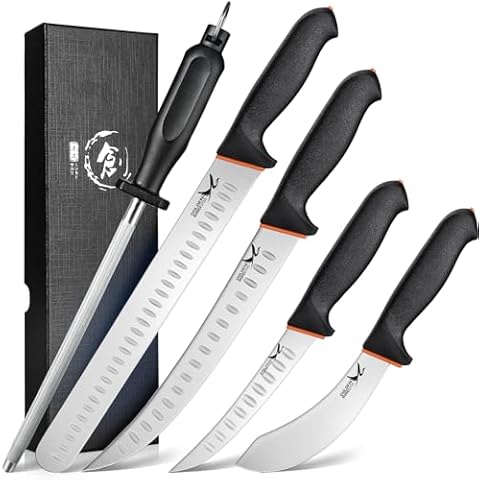 Golden Bird Butcher Knife Set - 6" Boning Knife, 6" Skinning Knife, 10" Butcher Breaking Knife, 12" Slicing Knife & 8" Sharpener Rod Cover