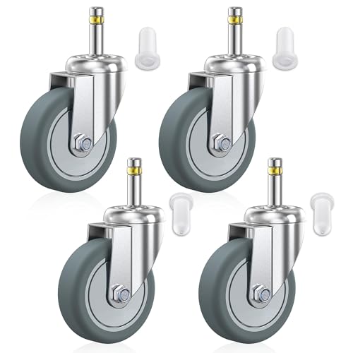HOLKIE Stem Caster Wheels 3 inch Casters Set of 4, 7/16-Inch Stem Diameter Swivel Castors Heavy Duty TPR Rubber Replacement Castor for Cart, Stool, Mop Bucket, Grill, Shop Vac