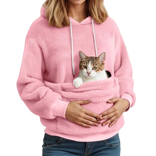 Genérico Frauen Fleece Kapuzenpullover mit Haustiertasche für Hunde und Katzen
