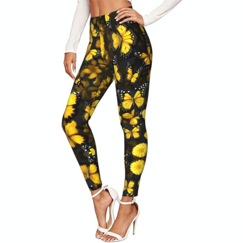 Leggings de compresión que no transparentan mallas de flores amarillas para mujer