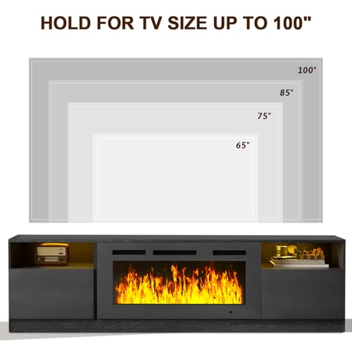 Image of MXV 90 inch Fireplace TV Stand for TVs Up to 100 inch, LED Light Entertainment Center with 50 inch Electric Fireplace, Modern Wood Texture TV Media Console with Highlight Storage Cabinet, Black+Black