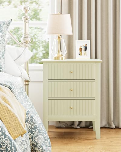 Image of Fluted Nightstand, Farmhouse Night Stand with 3 Drawers, Mid Century Modern Side Accent Table,Bedside End Table for Bedroom, Living Room, Pale Green