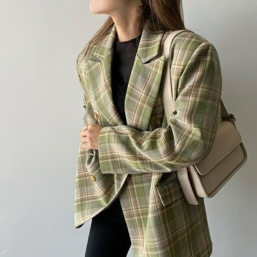 chouyatou Womens Business Casual Plaid Blazer Jacket Notched Collar Open Front Dressy Suit Loose Pea Coat3
