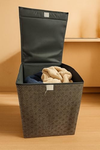 Image of QUAIL 75L Foldable Laundry Basket with Lid for Clothes | Large Fabric Laundry Storage Bin with Handles | Waterproof, Collapsible Laundry Hamper for Bedroom, Bathroom & Home Use (Black Pattern Design)