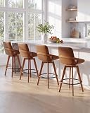 AQG Counter Height Bar Stools Set of 4, Mid Century Modern Bar Chairs Swivel with Back, Faux Leather Upholstered Barstools Walnut Wood Frame for Kitchen Island (Brown, 26 Inch - 4 PCS)