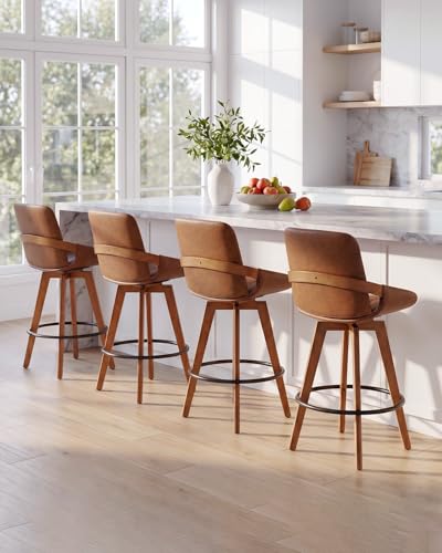 AQG Counter Height Bar Stools Set of 4, Mid Century Modern Bar Chairs Swivel with Back, Faux Leather Upholstered Barstools Walnut Wood Frame for Kitchen Island (Brown, 26 Inch - 4 PCS)