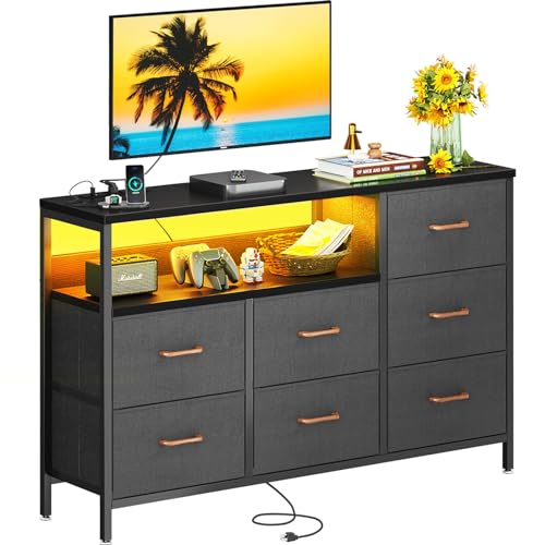 TV Stand with LED Lights and Power Outlet, Long TV Stands for Living Room with 7 Large Storage Drawers and Shelves, Fabric TV Stand with Sturdy Frame and Wooden Top, Black