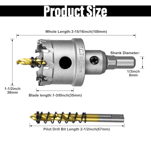 Image of SALI 1-1 /2 inch (38mm) TCT Hole Saw Kit Tungsten Carbide Tipped Hole Saw Drill Bit with Titanium-Plated Pilot Drill bit for Metal, Stainless Steel, Iron, Wood, Plastic 2pcs