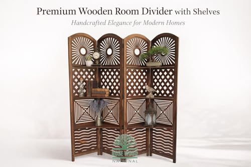 Image of Wooden Room Divider 6 Feet, 4-Panel Folding Wooden Partition for Living Room, Office, Pooja Room, Restaurant, Kitchen & Balcony (2W x 1.82H Meters). (Natural Brown- Shelves)