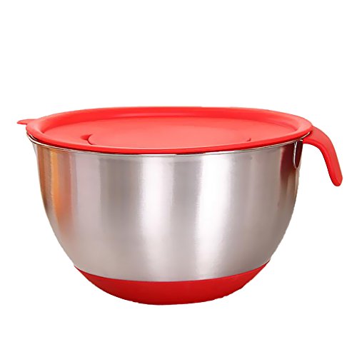 LOVIVER Kitchen Bowl with Lid, Handle, Measuring Tags, 5 Types Capacity for Mixing, Salads, Baking, Grilling, Kitchen Aid, Silver, 24 cm